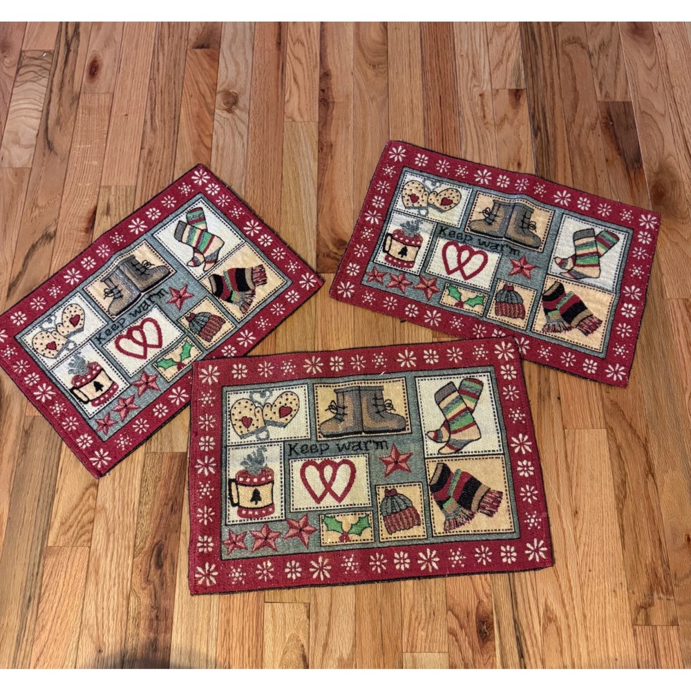 Set of 3 Keep Warm Winter Woven Tapestry Placemats Red Snowflake Border 17x12